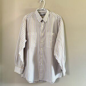 Vintage Leo Chevalier White Cotton Dress Shirt Purple/Blue & Tan Stripes